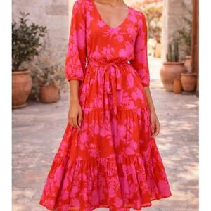 Petal & Pup Alijah Pink Red Floral Maxi Dress Coquette Romantic Tie Waist M
